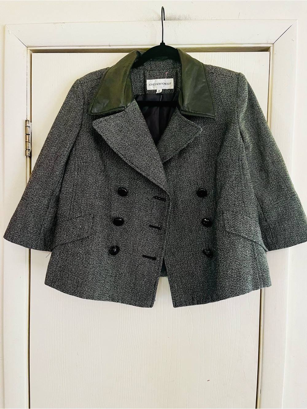 VTG 90s Jones NY Equestrian Leather Crop Tweed Preppy Town & Country Blazer